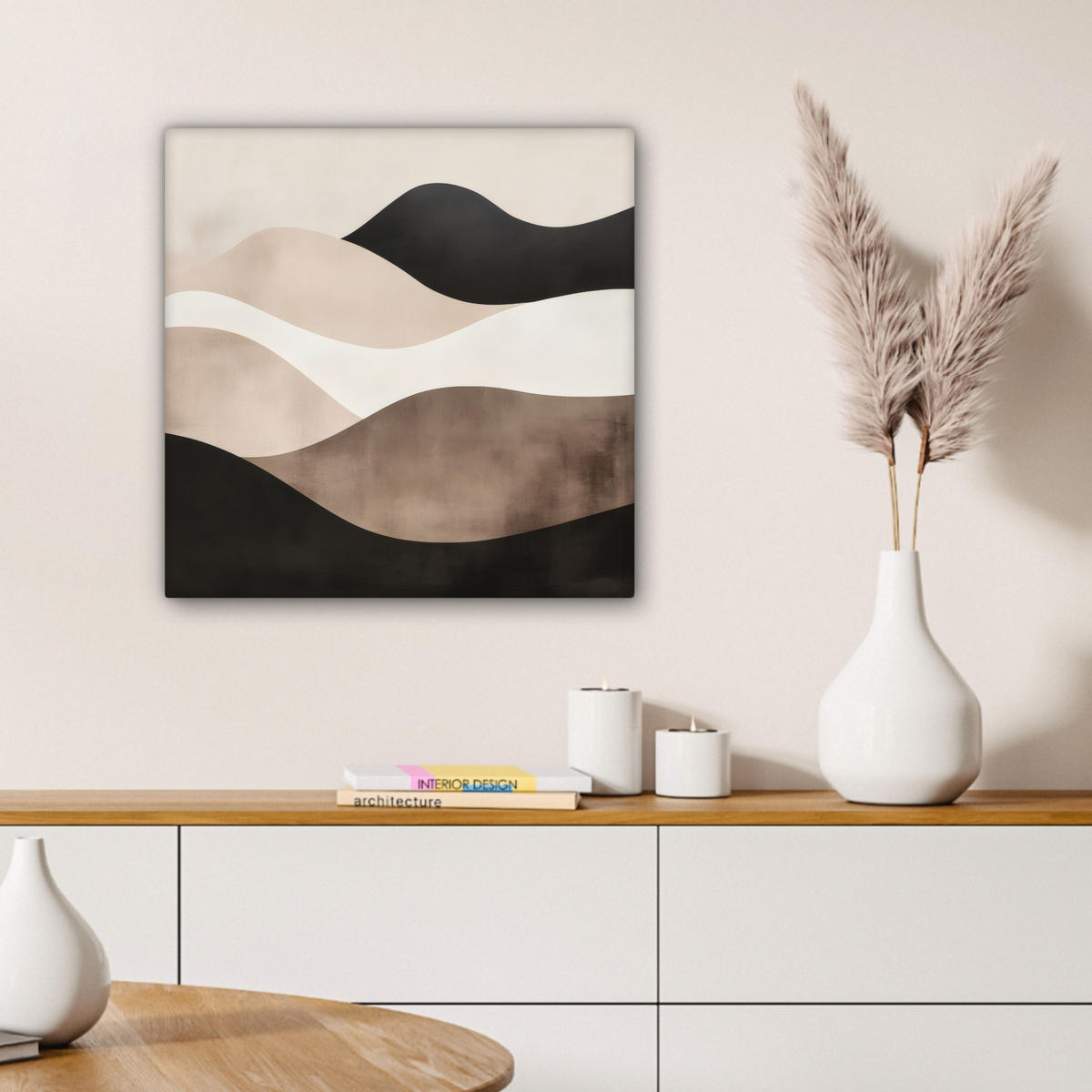 LEINWANDBILD Abstrakt - Landschaft - Wellen - Cremefarben Wandbild Wohnzimmer 50x50 cm - Cappuccino, Textil (50/50cm) - MuchoWow