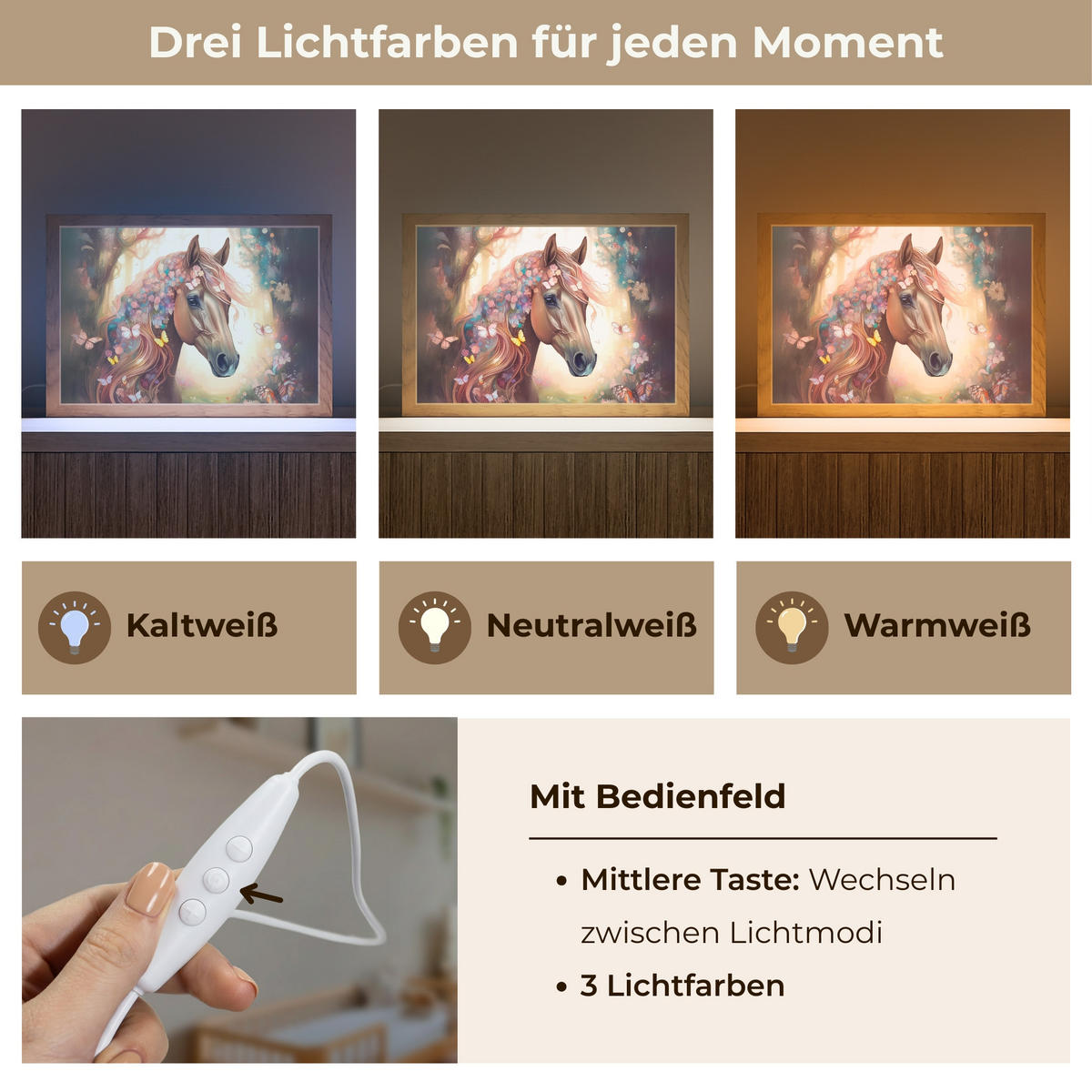 NACHTTISCHLAMPE Pferd - Natur - Blumen - Schmetterlinge - Wald 30x20 cm - Dunkelbraun, Holzwerkstoff (8/30/20cm)