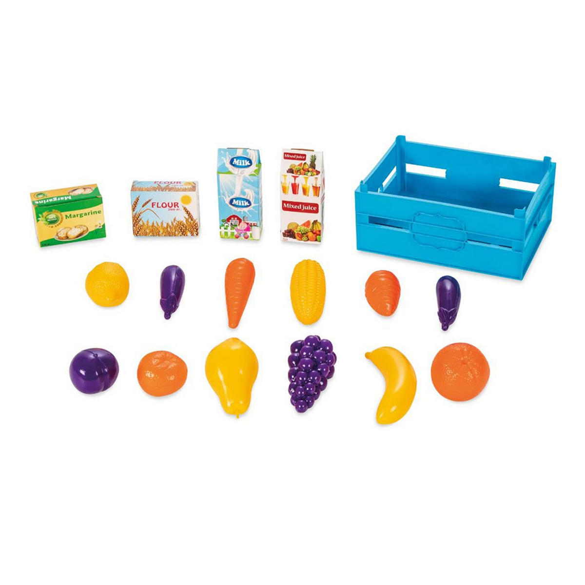 SPIELZEUGLEBENSMITTEL 6037 bunt Lebensmittel-Box, Obst, Gemüse, 16-teilig, Milch, Mehl, Saft - Multicolor, Kunststoff (14/9/20cm) - Pilsan
