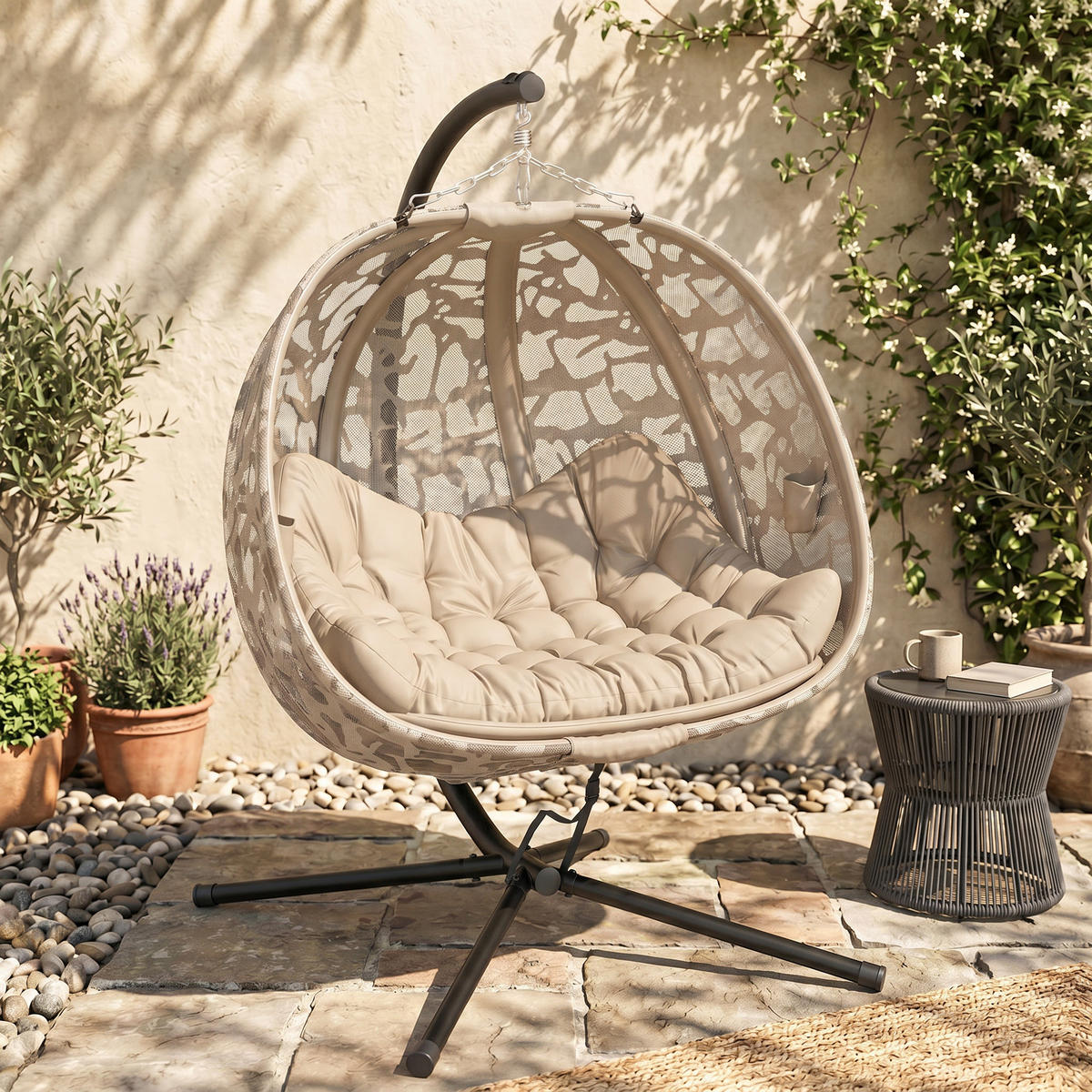 HÄNGESESSEL, Stahl, Polyester, Sand - Sandfarben, Kunststoff/Metall (103/172/130cm) - Outsunny