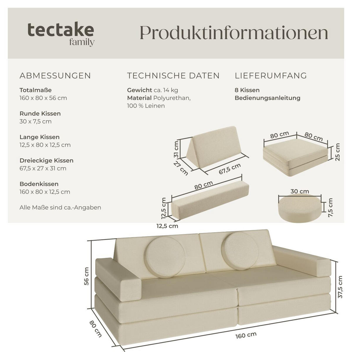 SPIELSOFA Lilly,stapelbar,beige - Beige, Textil (160/56/80cm) - tectake