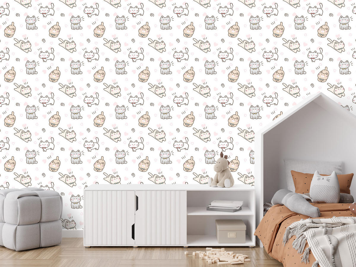 VLIESTAPETE Kätzchen und Herzen – Beige, Grau, Weiß – 50x1000 cm - Beige/Weiß, Papier (50/1000cm) - Muralo