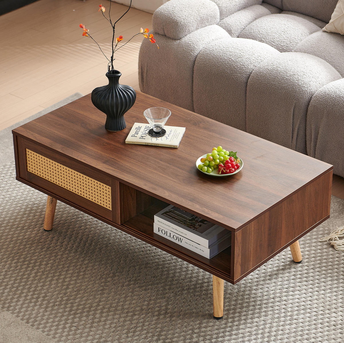 COUCHTISCH 105/55/40 cm in Braun mit Rattan-Schiebetür und Massivholzbeinen - Braun, Holzwerkstoff (105/55/40cm) - Flora Grace