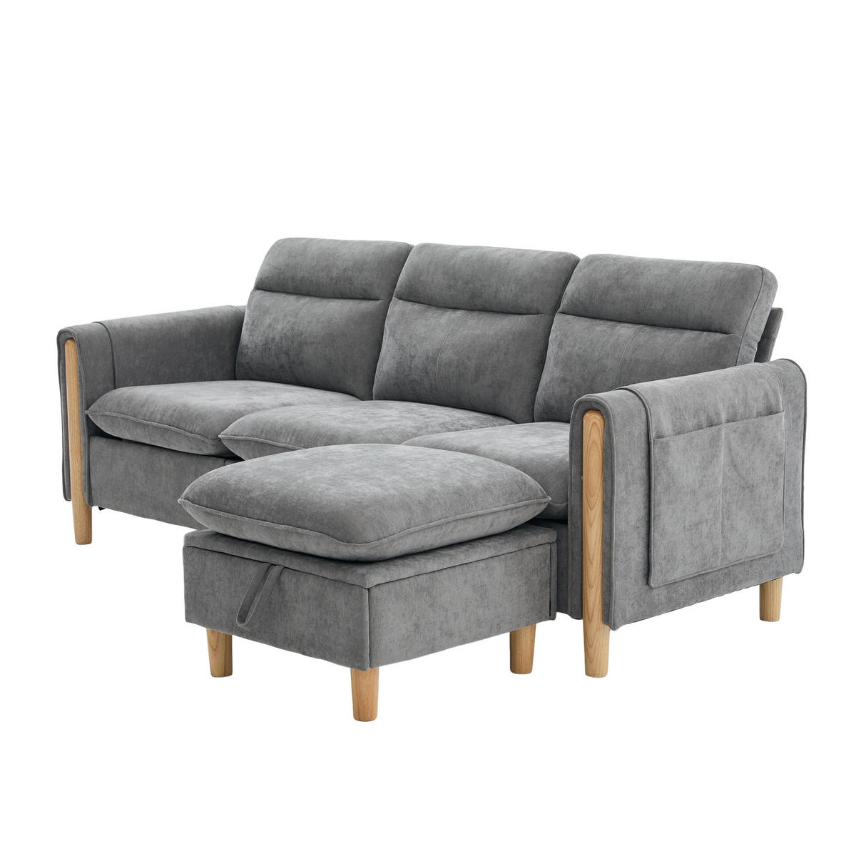 ECKSOFA 201/110/86 cm Hellgrau mit Aufbewahrungshocker und Seitentaschen - Hellgrau/Grau, Holz/Textil (201/110cm) - Oxeza