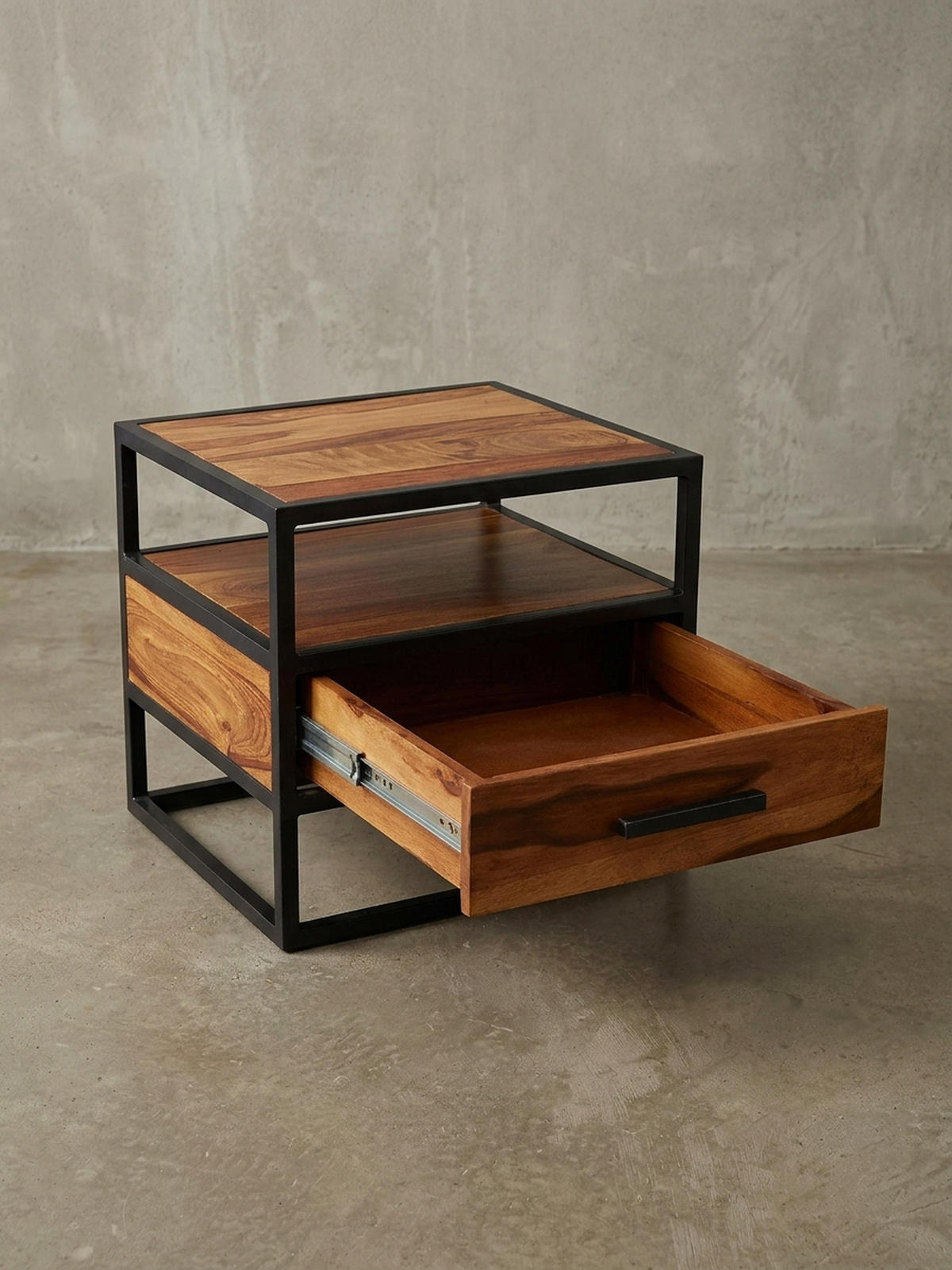 NACHTTISCH – Massivholz/Stahl, mit Stauraum, Industrial-Stil - Schwarz/Braun, Holz/Metall (50/45/45cm) - KADIMA DESIGN