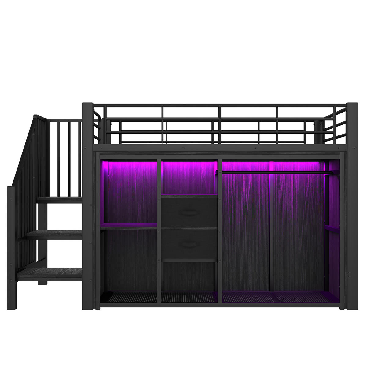 HOCHBETT Kinderbett 90/200 cm aus Metall und MDF mit LED-Beleuchtung und offenem Kleiderschrank Schwarz - Schwarz, Metall (90/200cm) - Modenvie
