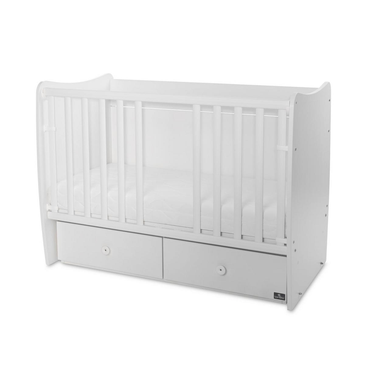 BABYBETT MATRIX NEW 120 x 60 cm weiß 120 x 60 cm, Schaukelfunktion, 2 Schubladen, 2 Ebenen, Schlupfsprossen - Weiß, Holzwerkstoff (60/120cm) - Lorelli