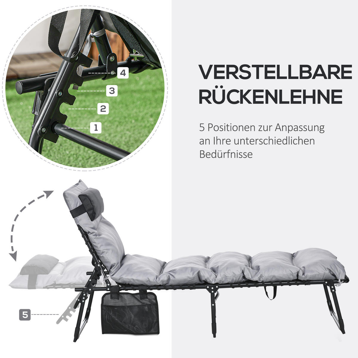 SONNENLIEGE, Hellgrau, Stahl, Polyester - Hellgrau, Metall (189/32.5/58cm) - Outsunny