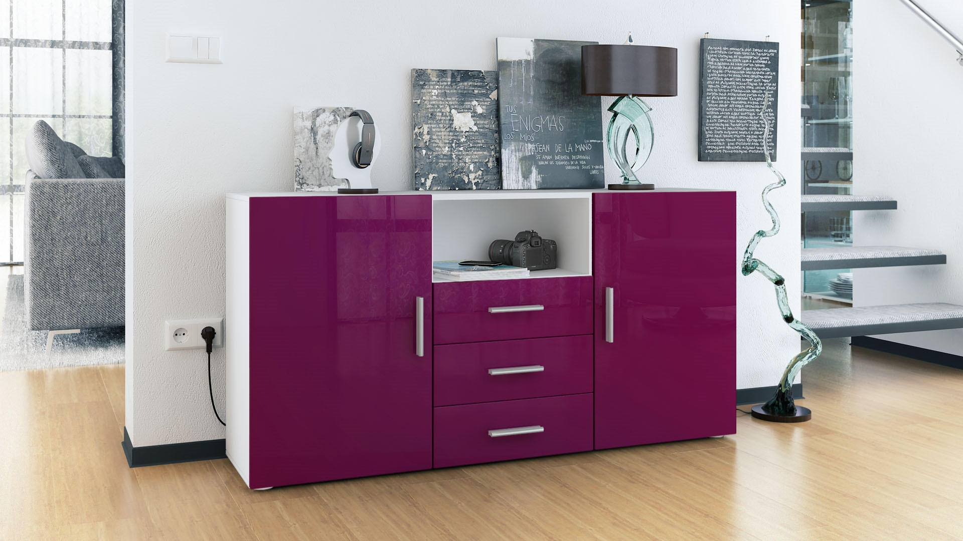 SIDEBOARD Skadu Front in Brombeer Hochglanz - Brombeere, Holzwerkstoff (138.5/71.5/35cm) - Vladon