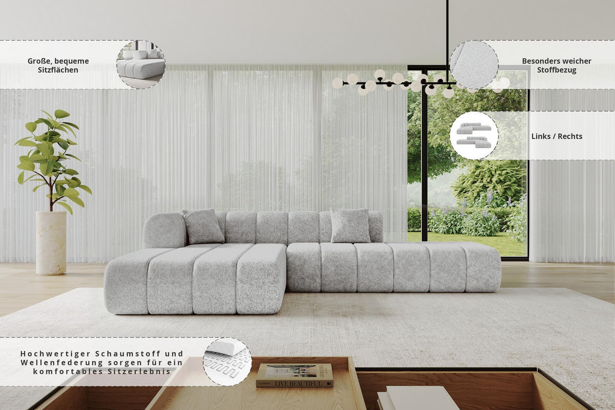ROHOVÁ SEDAČKA s otomanem, levá BILA-L 289x176x71 Šedá Žinylka - šedá/černá, kompozitní dřevo/textil (176/289cm) - ALTDECOR