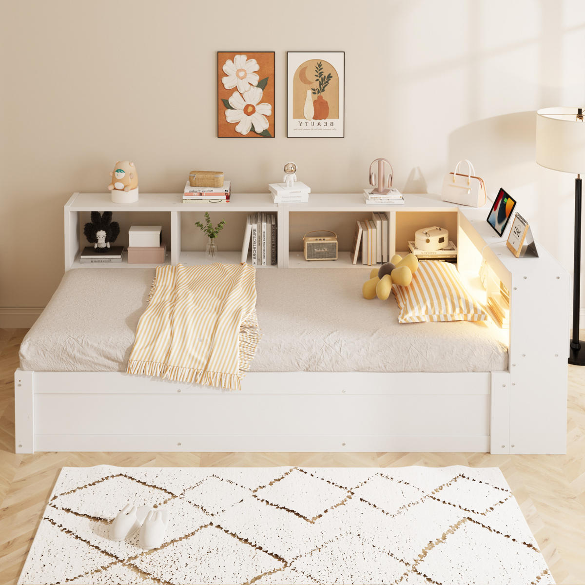 BETT 90/200 cm aus MDF mit LED, Steckdose, Weiß - Weiß, Holzwerkstoff (90/200cm) - OKMYHOME