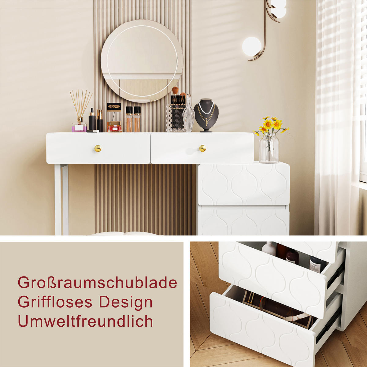 SCHMINKTISCH 90/40/74 cm Weiß - Beige, Holzwerkstoff/Metall (90/40/64cm) - Urban Meuble