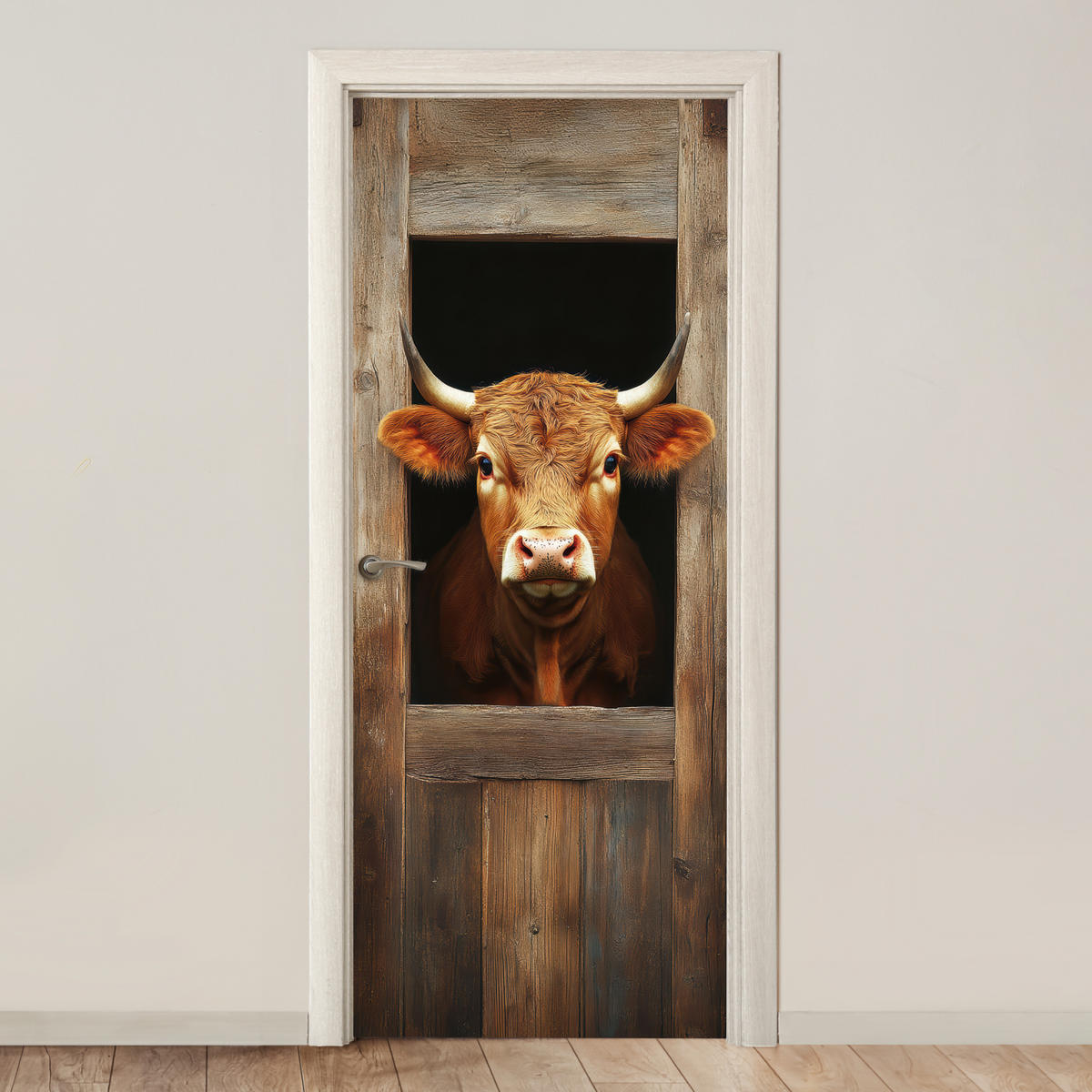 TÜRAUFKLEBER Kuh - Fenster - Holz - Tiere 80x215 cm - Türtapete - Wengefarben, Kunststoff (80/0.1cm) - MuchoWow