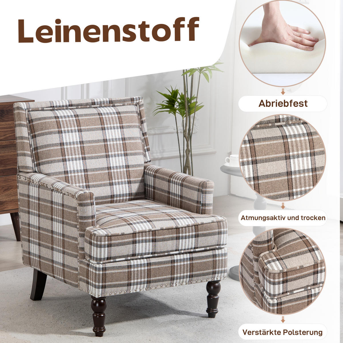 SESSEL in Braun/Weiß aus Baumwoll-Leinen mit Holzgestell,69/69/89 cm - Braun, Textil (69/89/69cm) - BEAOK