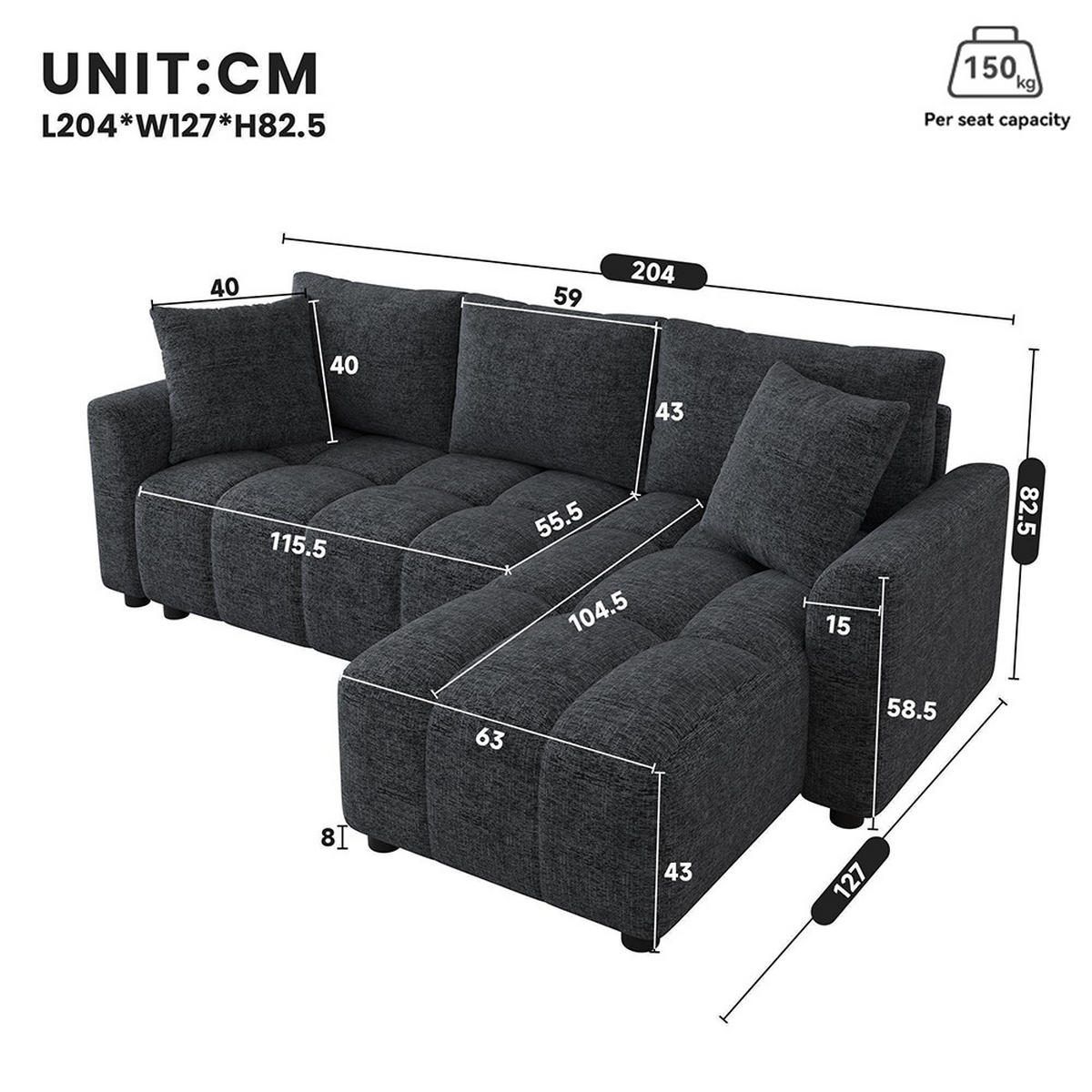 ECKSOFA mit 2 Zierkissen in Grau Chenille Stoff - Grau, Textil (127/204cm) - KOMHTOM