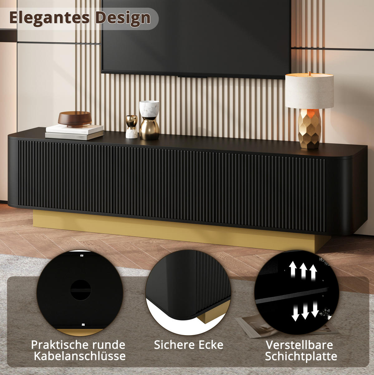 LOWBOARD 170/40.5/47 cm Schwarz aus MDF und Spanplatte mit Kabelführung - Schwarz, Holzwerkstoff (40.5/47/170cm) - OKMYHOME