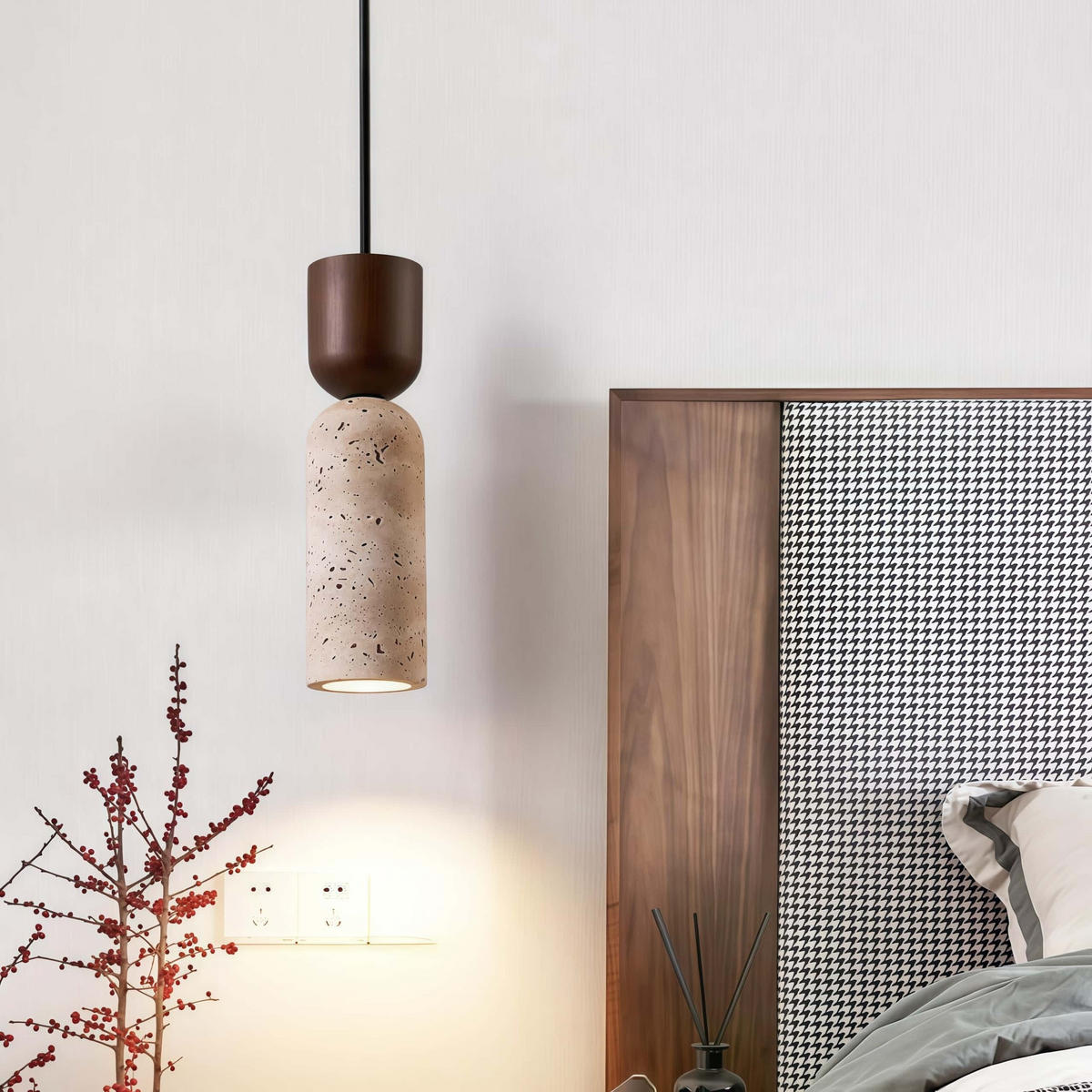 PENDELLEUCHTE Travertin Gelb & Holz, Dunkelbraun - Gelb, Stein (7/14/7cm) - Authentics