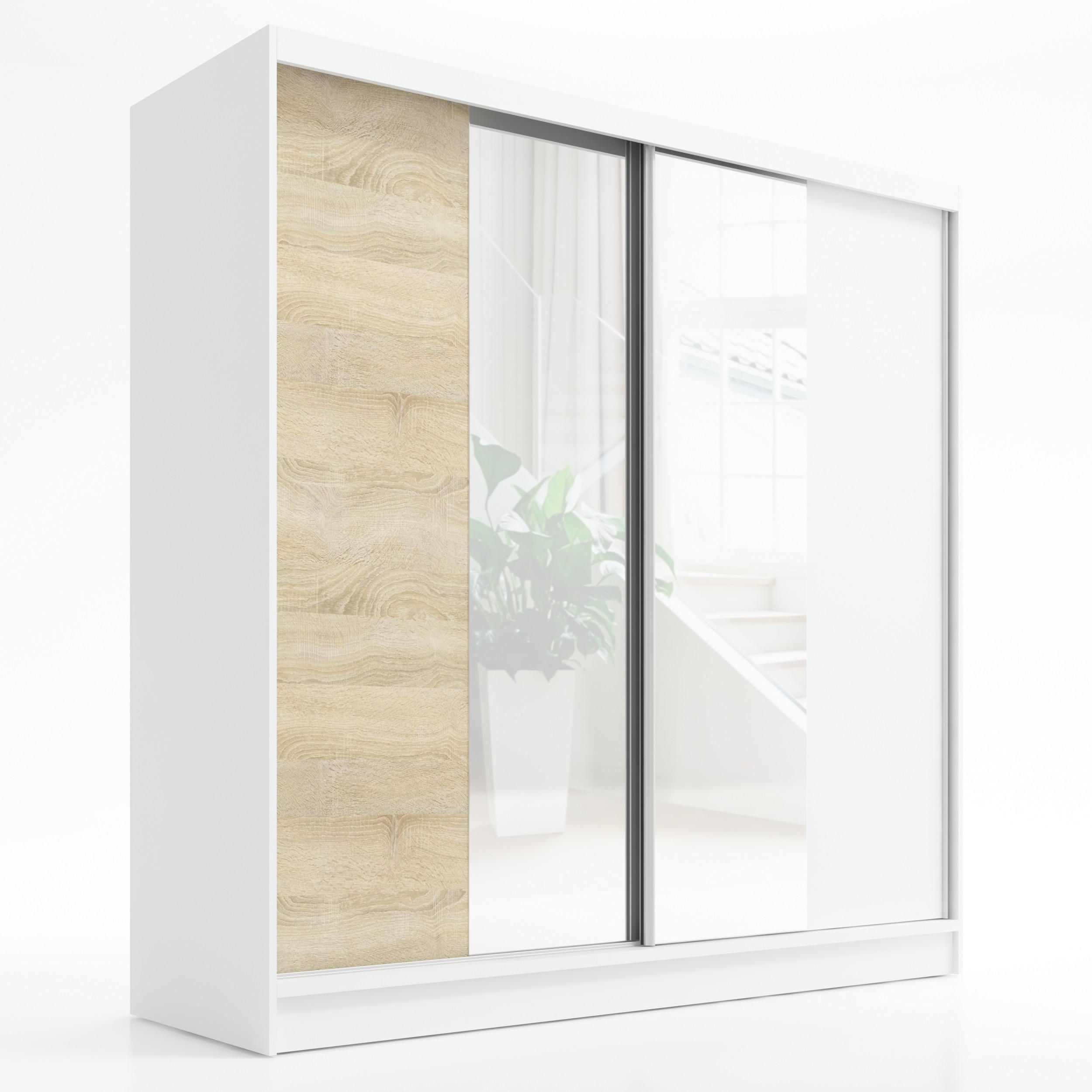 A&J MöbelLand Schwebetürenschrank Weiß, Braun, Weiß 200x215x60 cm