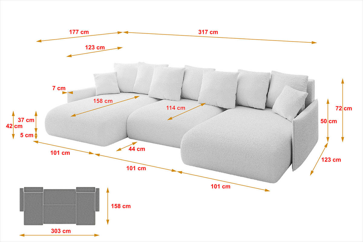 WOHNLANDSCHAFT mit Schlaffunktion und Bettkasten ONESK-U-v1 317x177x72 Weiß Bouclé - Weiß, Holzwerkstoff/Kunststoff (317/72/177cm) - ALTDECOR