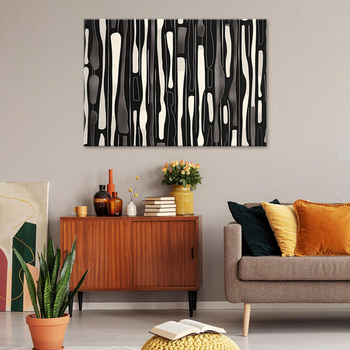 LEINWANDBILD Schwarz-weiße Retro-Abstraktion 90x60cm - Schwarz, Textil (90/60cm) - Feeby
