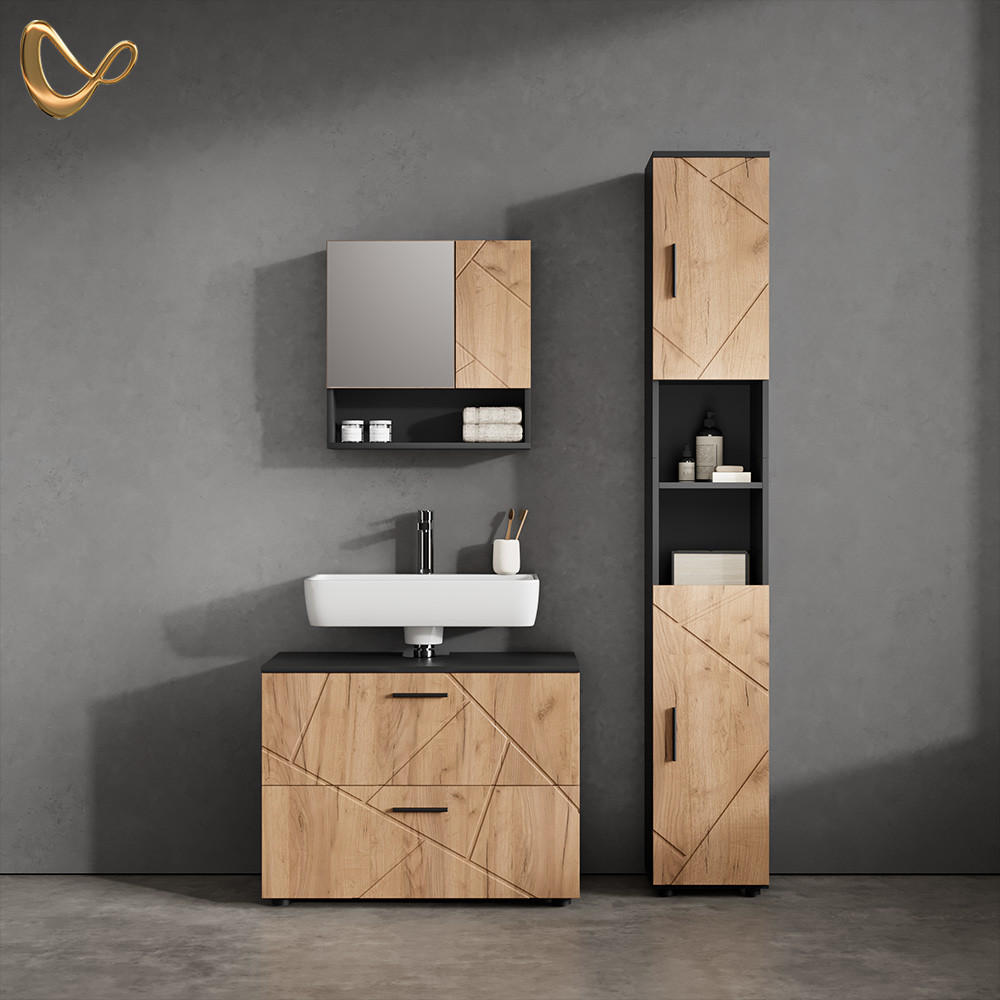 BADMÖBEL-SET Ronco Goldkraft Eiche/Anthrazit 3 Teile, mit Schubladenschrank und Hochschrank - Honigeiche/Anthrazit, Holzwerkstoff (80/58/41cm) - Livinity®