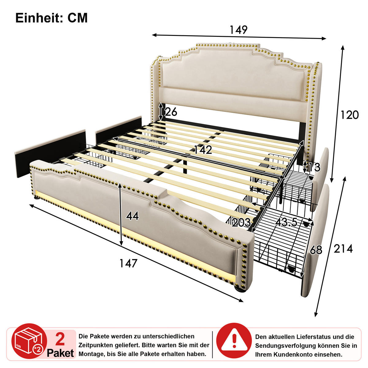 ČALOUNĚNÁ POSTEL 140 × 200 cm v béžovém sametu se 4 zásuvkami, LED osvětlením a USB - béžová, kov/kompozitní dřevo (140/200cm) - WISHDOR