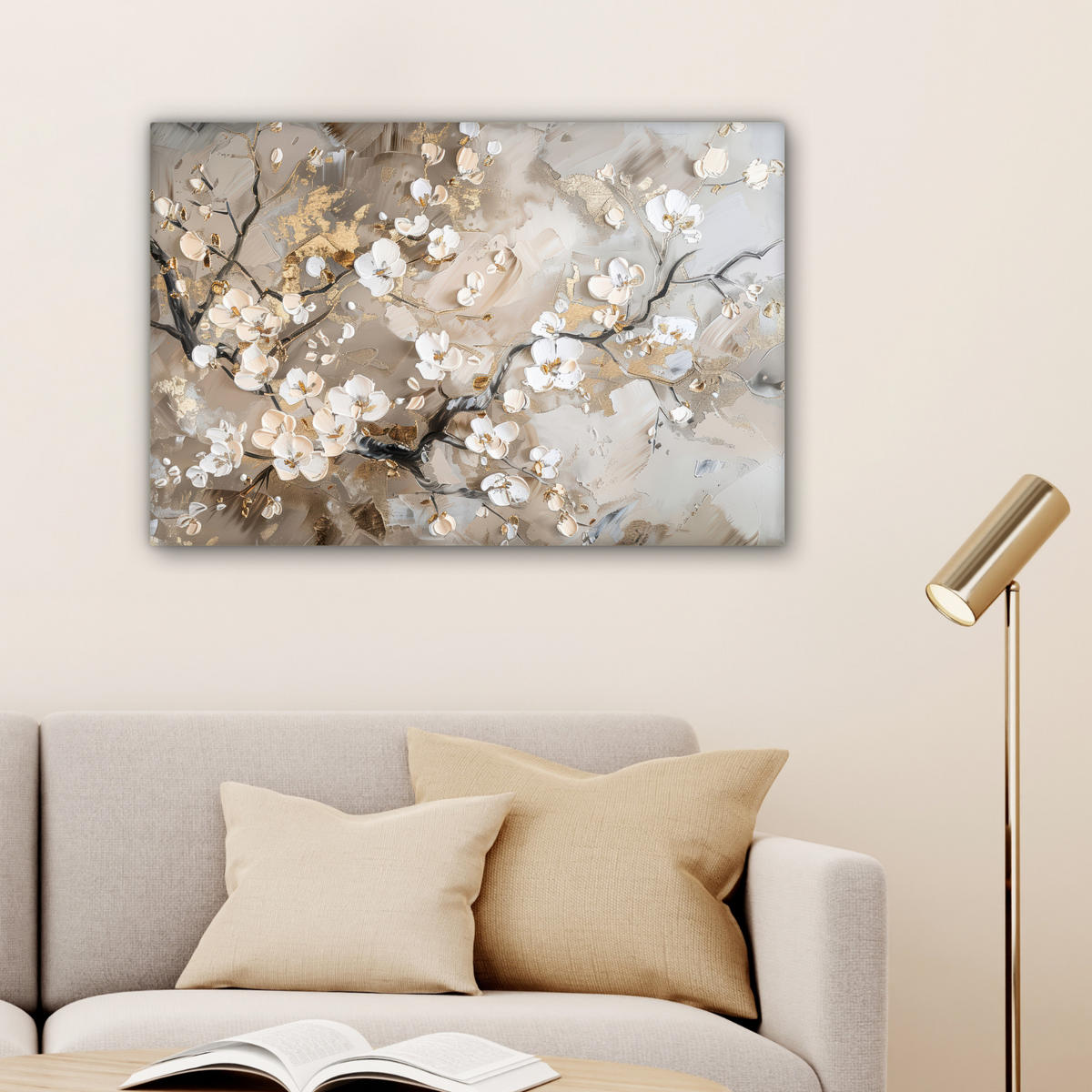 OBRAZ NA PLÁTNE Kvety - biela - zlatá - béžová - luxusná 60x40 cm - sivobéžová, textil (60/40cm) - MuchoWow