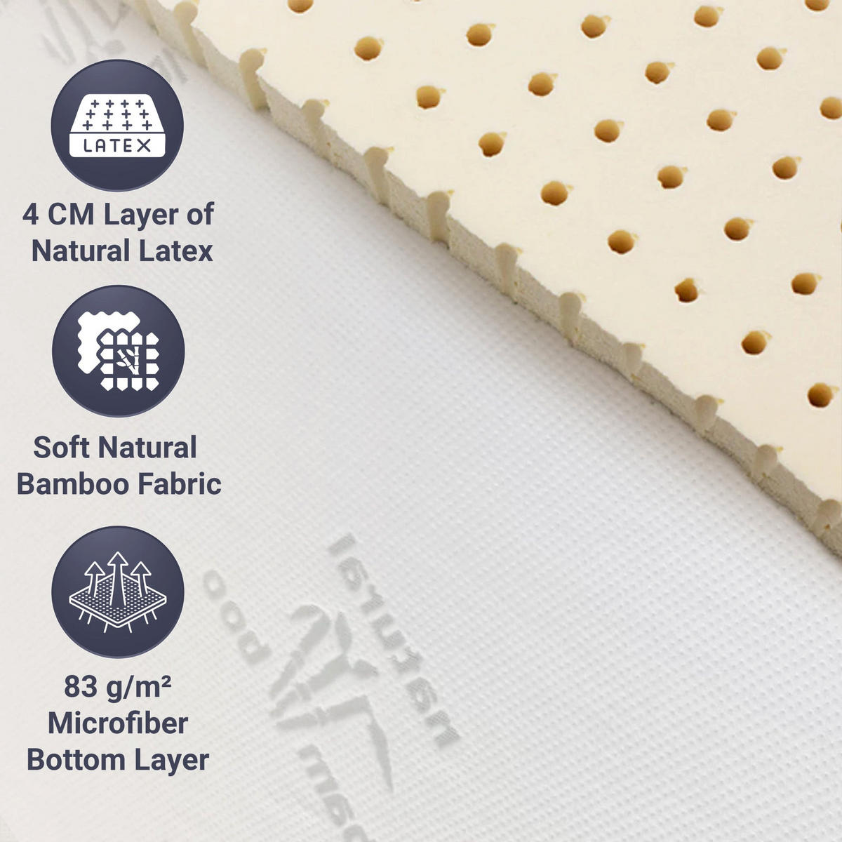 TOPPER 160x200 cm aus Naturlatex, Abnehmbar 5 cm | Atmungsaktiver und Hypoallergener Bambusstoff | Eckgummis zur Befestigung - Weiß, Textil (160/200cm) - The White Stone