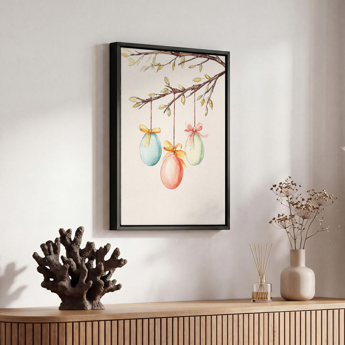 LEINWAND Bilder mit Rahmen - Osterkuchen - Schleife - Eier - 20x30 - Creme, Textil (20/30cm) - MuchoWow