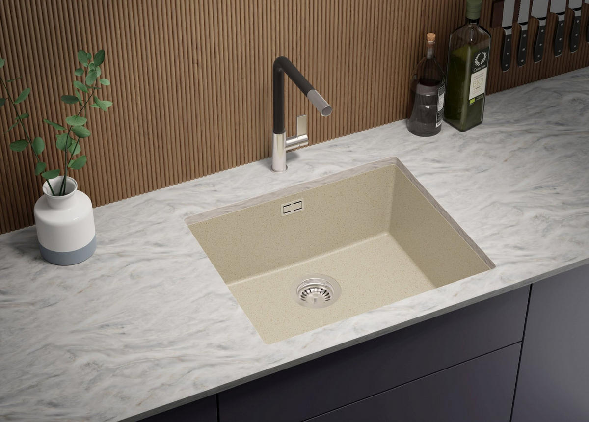 UNTERBAUSPÜLE GRANIT London, 2-er set Beige 56/47 cm 1 Becken + Küchenarmatur 38/14 cm + Ablauf-Set ab 60er Unterschrank - Chromfarben/Beige, Kunststoff (56/20/47cm) - Primagran