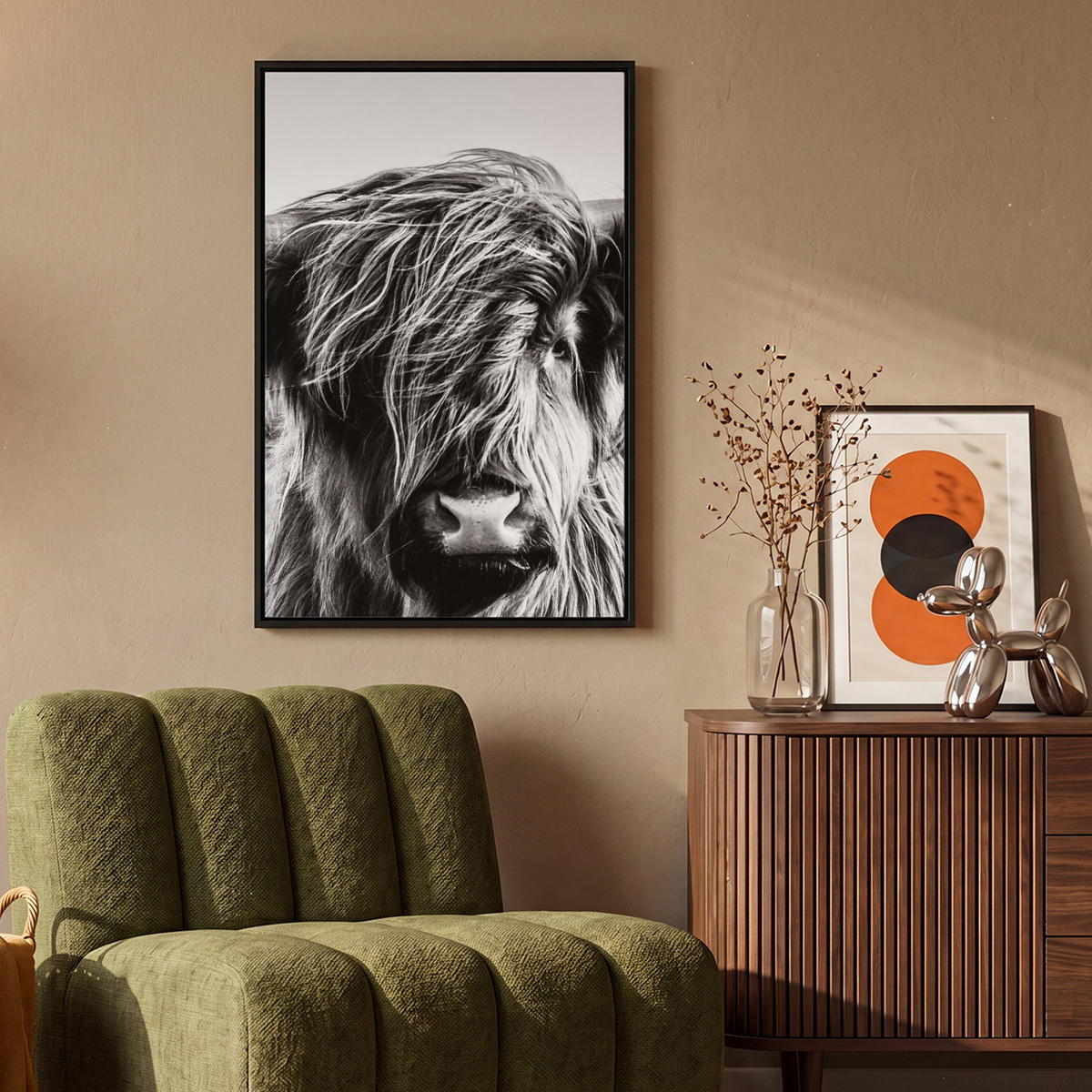 LEINWAND Bilder mit Rahmen - Kuh - Schottischer Hochländer - Schwarz - Weiß - Tier - Natur - Wildtiere - 60x90 - Schwarz, Textil (60/90cm) - MuchoWow