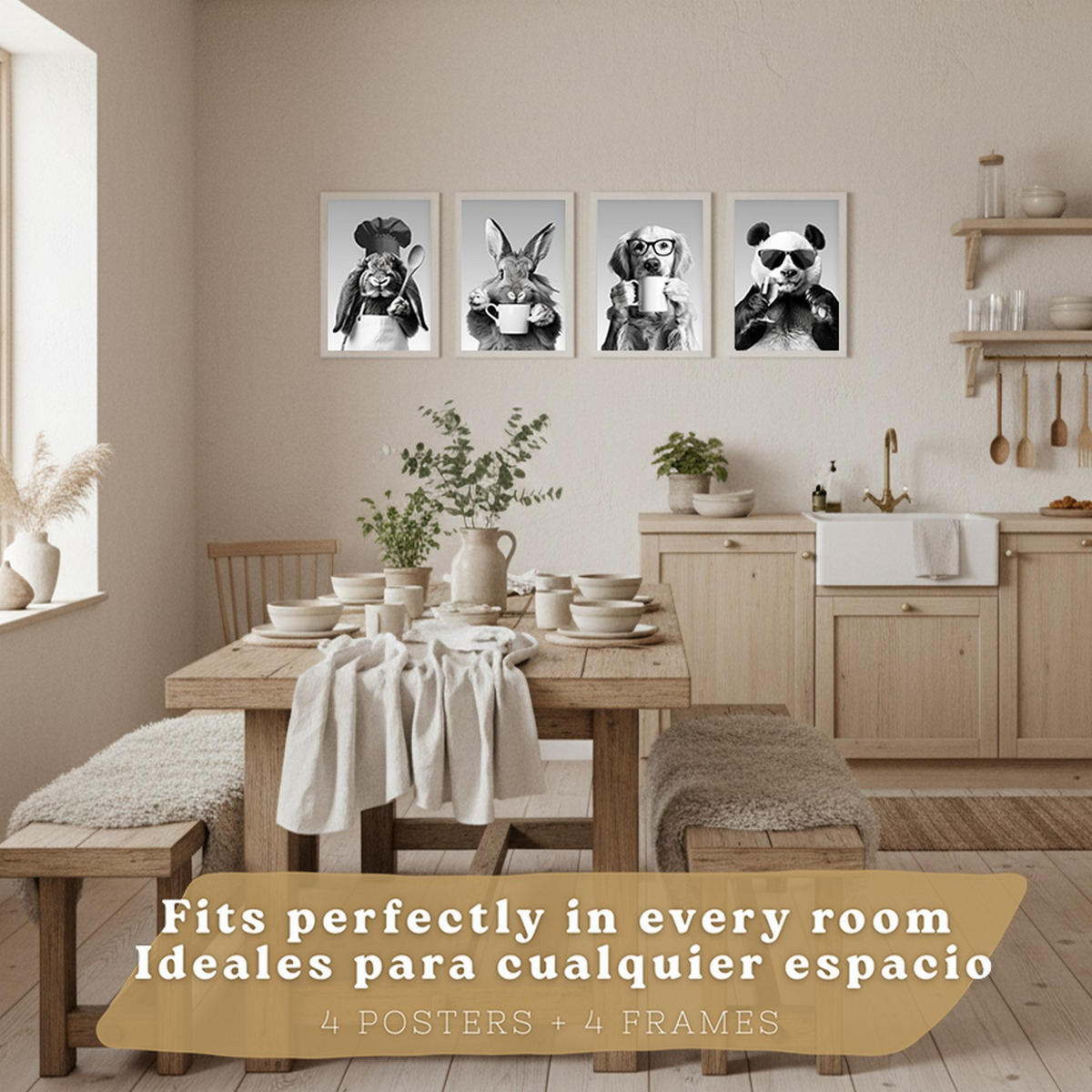 POSTER 4er Set Lustige Tiere Schwarz Weiß Wandbilder Hase Panda Golden Retriever Koch Küche Deko Weißer Rahmen A3 - Weiß, Papier (29.7/1/42cm) - Nacnic