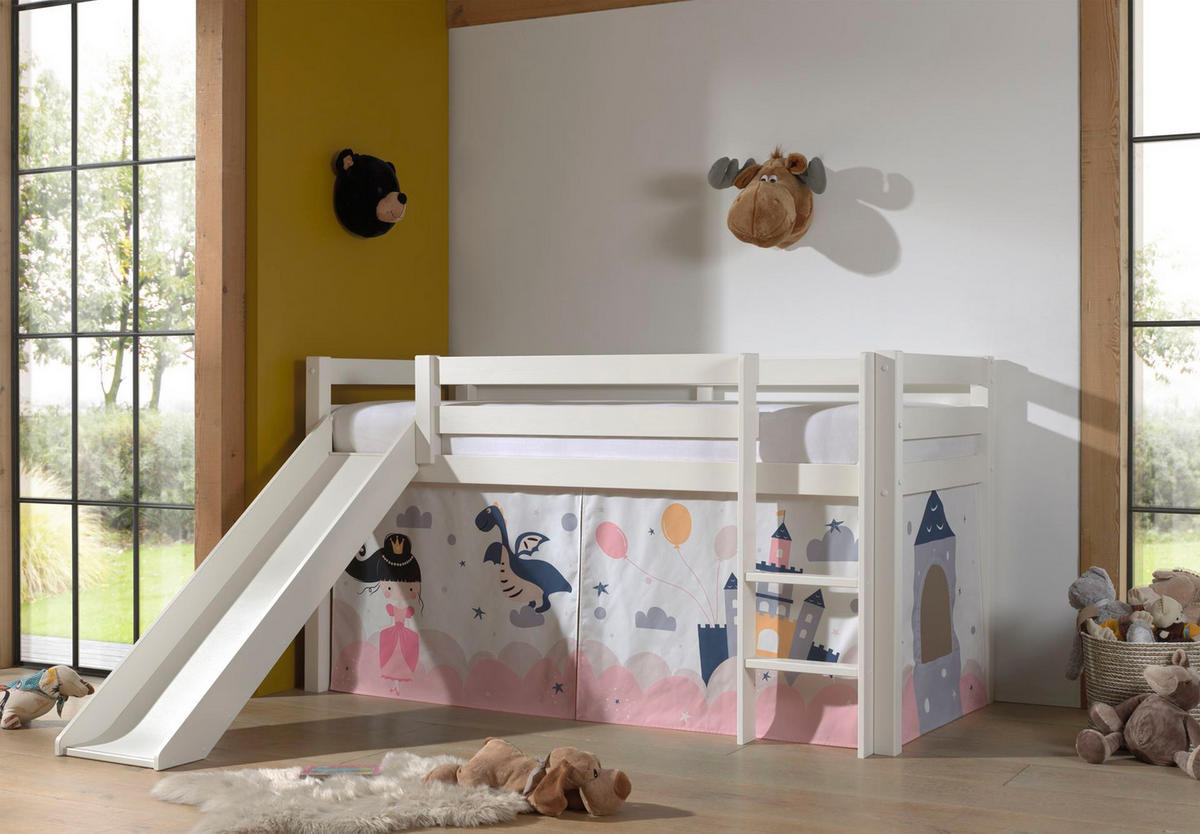 HOCHBETT mit Rutsche Karolina Massivholz Weiß Textilset Sophie - Magnolie/Weiß, Holz (90/200cm) - 58aufmkessel