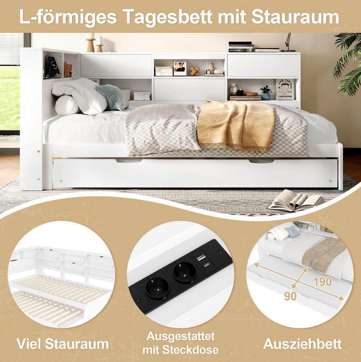 POLSTERBETT 90/200 cm mit Ausziehbett, Kopfteil mit Stauraum und USB-/Typ-C-Anschluss, Weiß - Weiß, Holz (90/200cm) - Redom