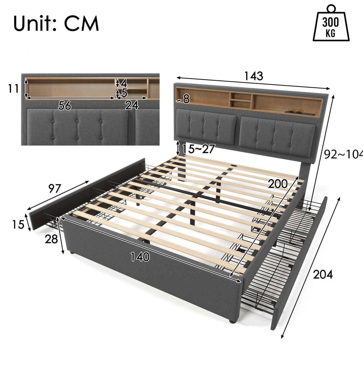 ČALÚNENÁ posteľ z ľanu 140x200 cm sivá s nastaviteľným čelom, USB-C a úložným priestorom - sivá, textil (140/200cm) - Modfu