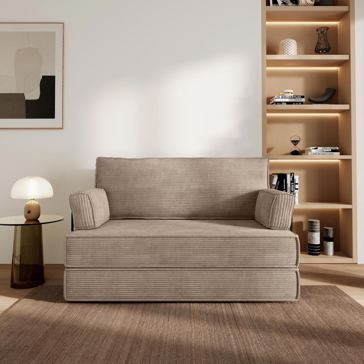 BETTSOFA LADIA aus Schaumstoff Cordstoff Beige Schlaffunktion - Beige, Textil (140/86/60cm) - MASSENO