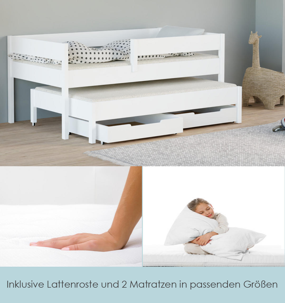 AUSZIEHBETT Junior 160x80 weiß mit Schubladen und Matratzen - Weiß, Holzwerkstoff (80/160cm) - LUKDOM