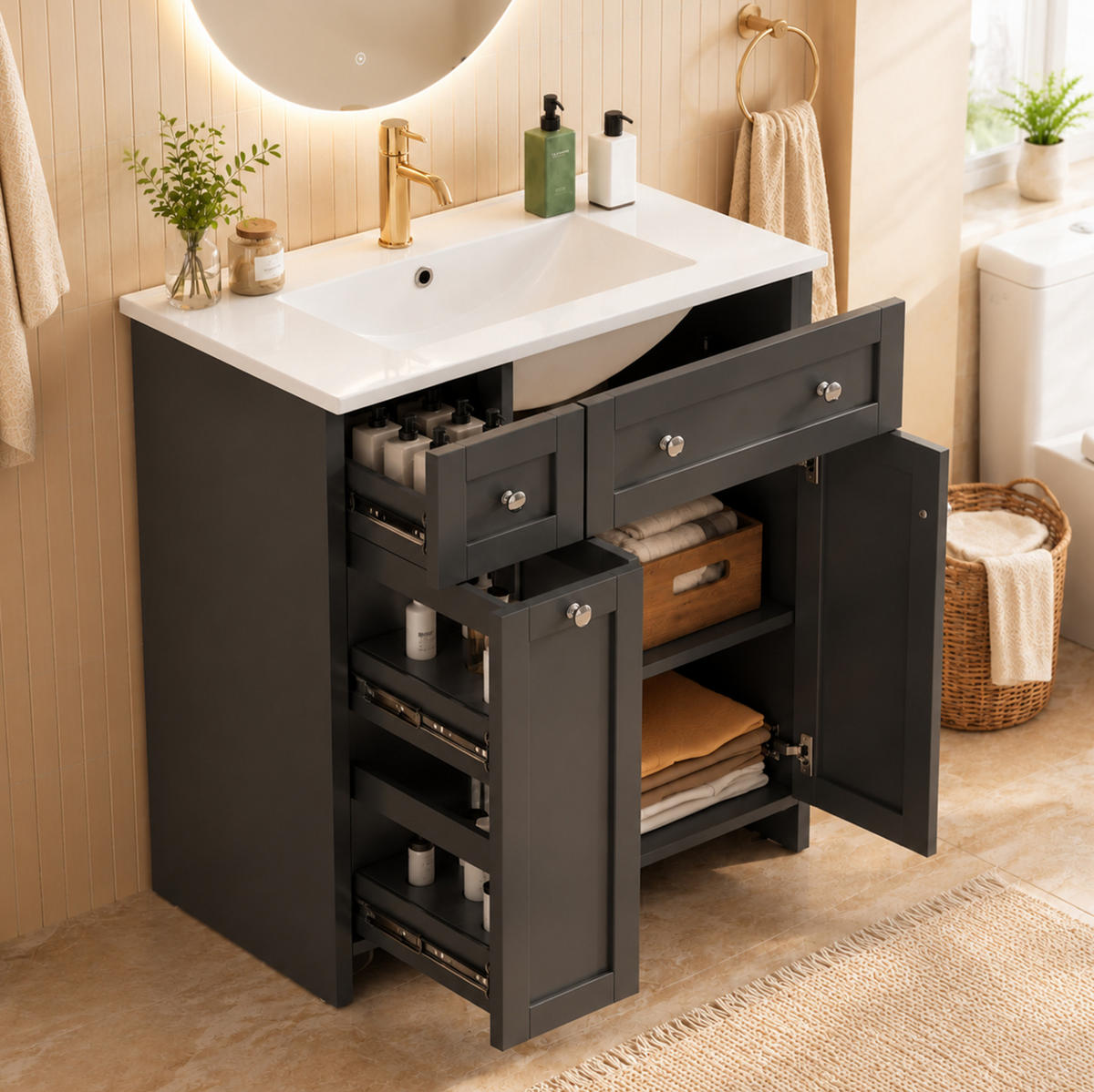 BADEZIMMERWASCHTISCH aus MDF und Keramik 76x47x86 cm Schwarz mit Stauraum und Soft-Close - Schwarz, Keramik (76/86/47cm) - Modfu