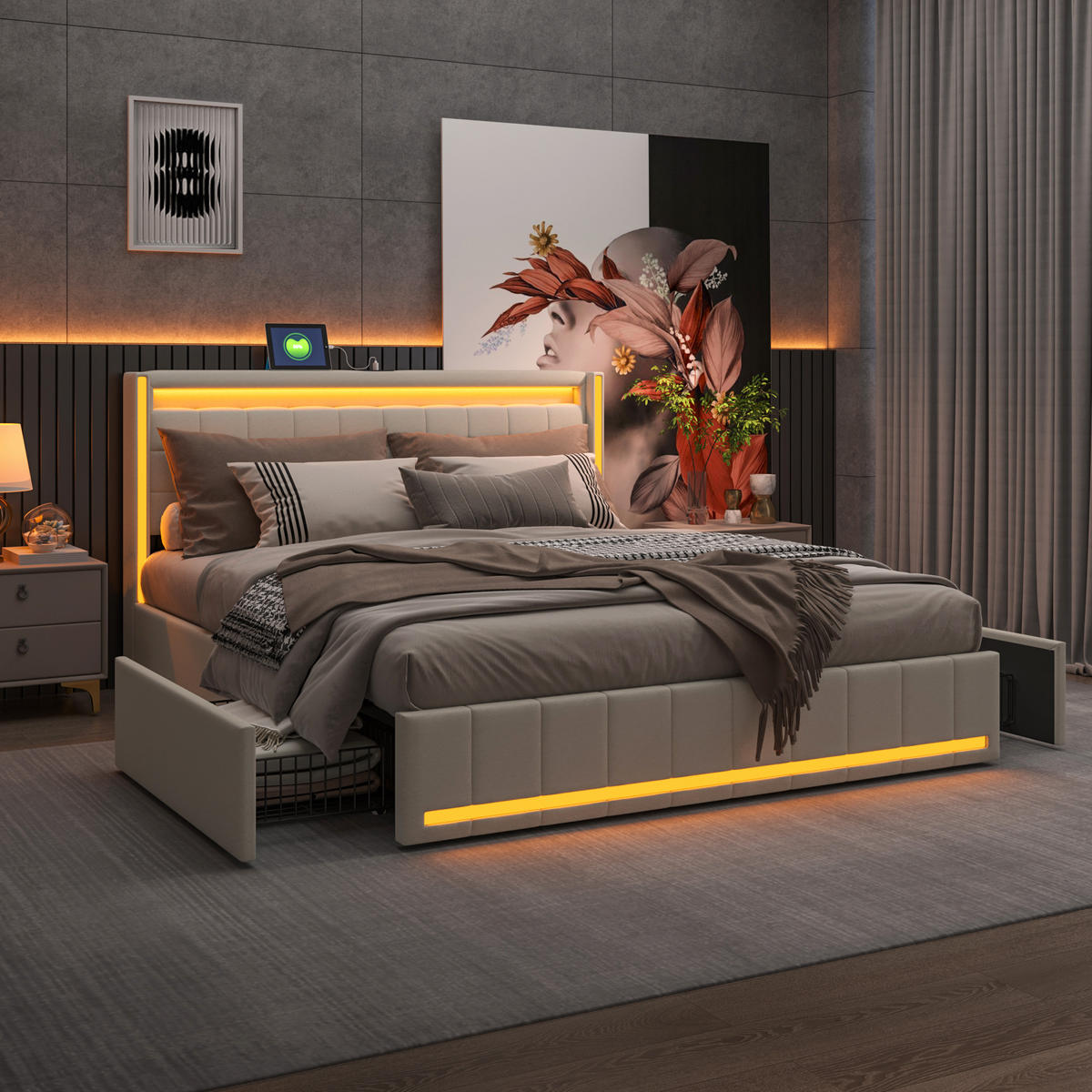 ČALÚNENÁ posteľ 140x200 cm béžová s LED osvetlením a 4 zásuvkami - béžová, kov (140/200cm) - SHOPENTRA