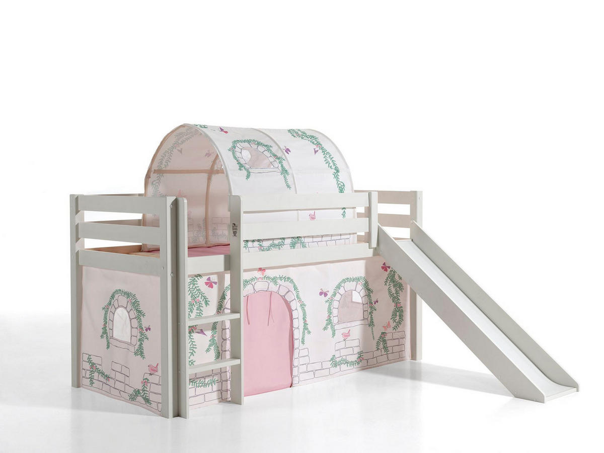 HOCHBETT mit Rutsche Karolina Massivholz Weiß Textilset Burg 2 - Hellgrau/Weiß, Holz (90/200cm) - 58aufmkessel