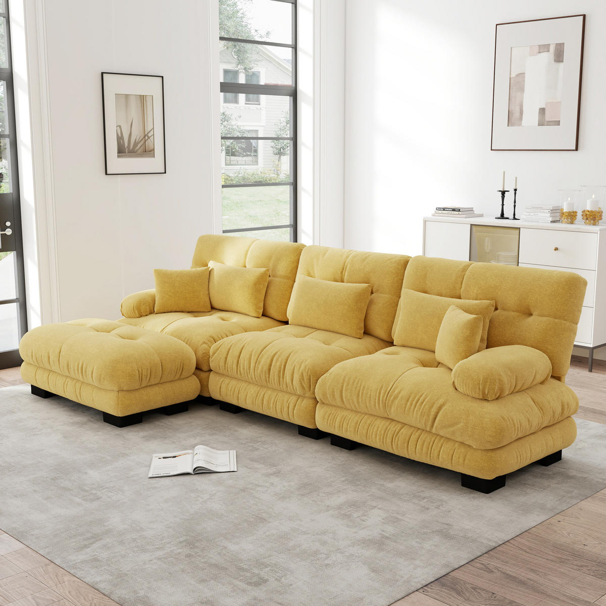 ECKSOFA 313/145/81 cm ggelb aus Chenille mit beweglichen Ottomane und tiefem Sitzkomfort - Gelb, Textil (145/313cm) - OKWISH