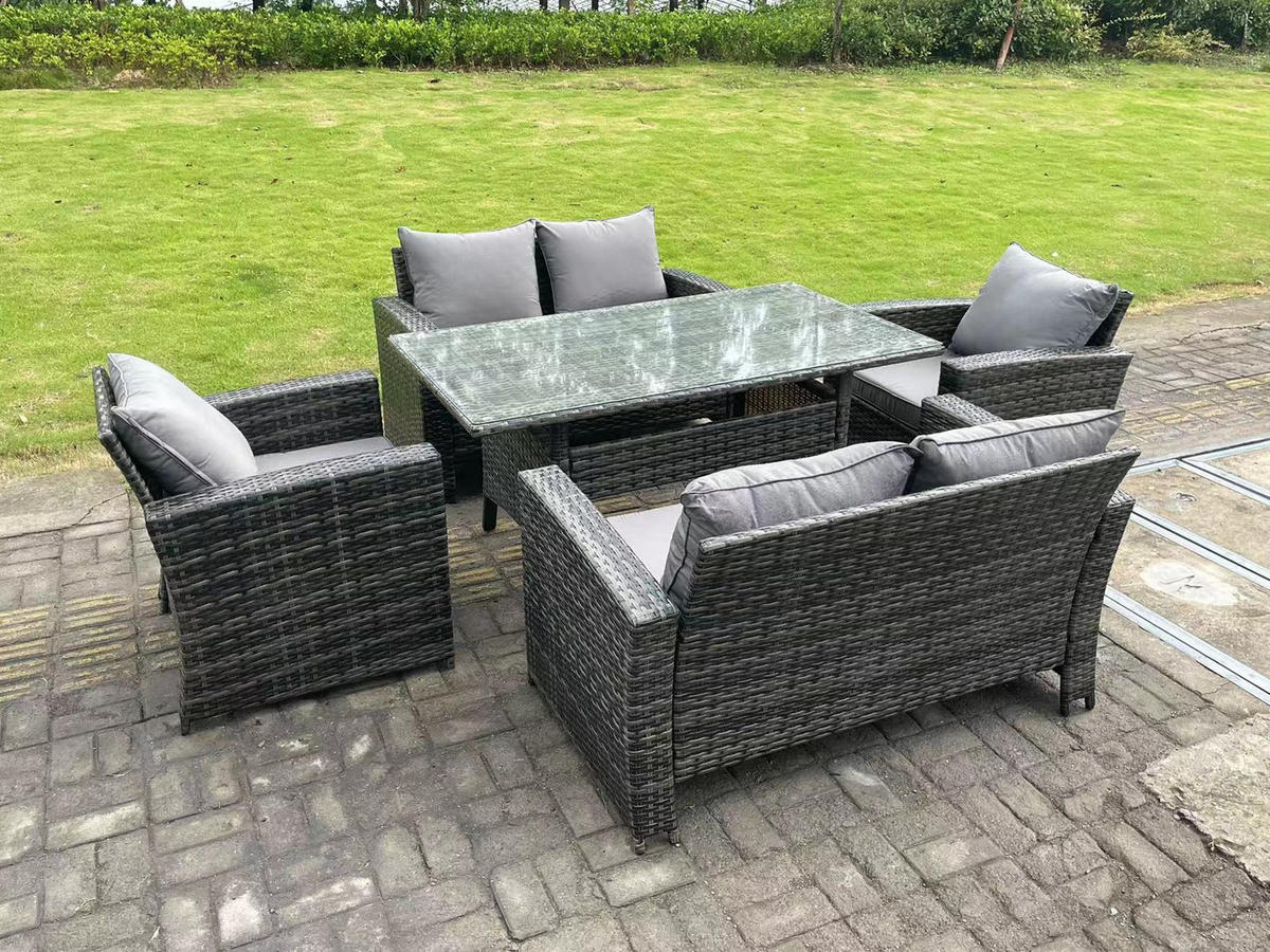 GARTENMÖBELGARNITUR mit Esstisch Polyrattan Dunkelgrau 6-Sitzer - Dunkelgrau/Grau, Glas/Kunststoff - Fimous