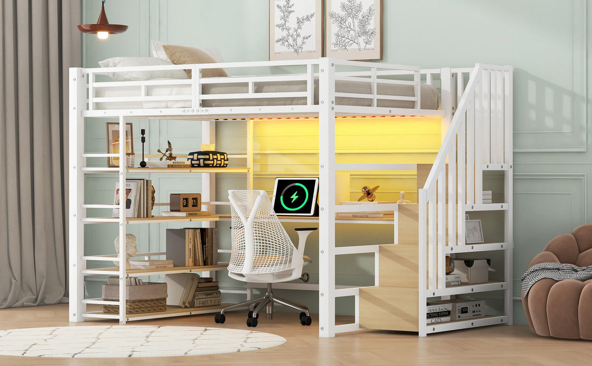 HOCHBETT 140x200 cm mit Schreibtisch, 4-stöckigem Regal und Stauraumtreppe, LED und Ladestation, weiß - Weiß, Holzwerkstoff (140/200cm) - Luhomfu