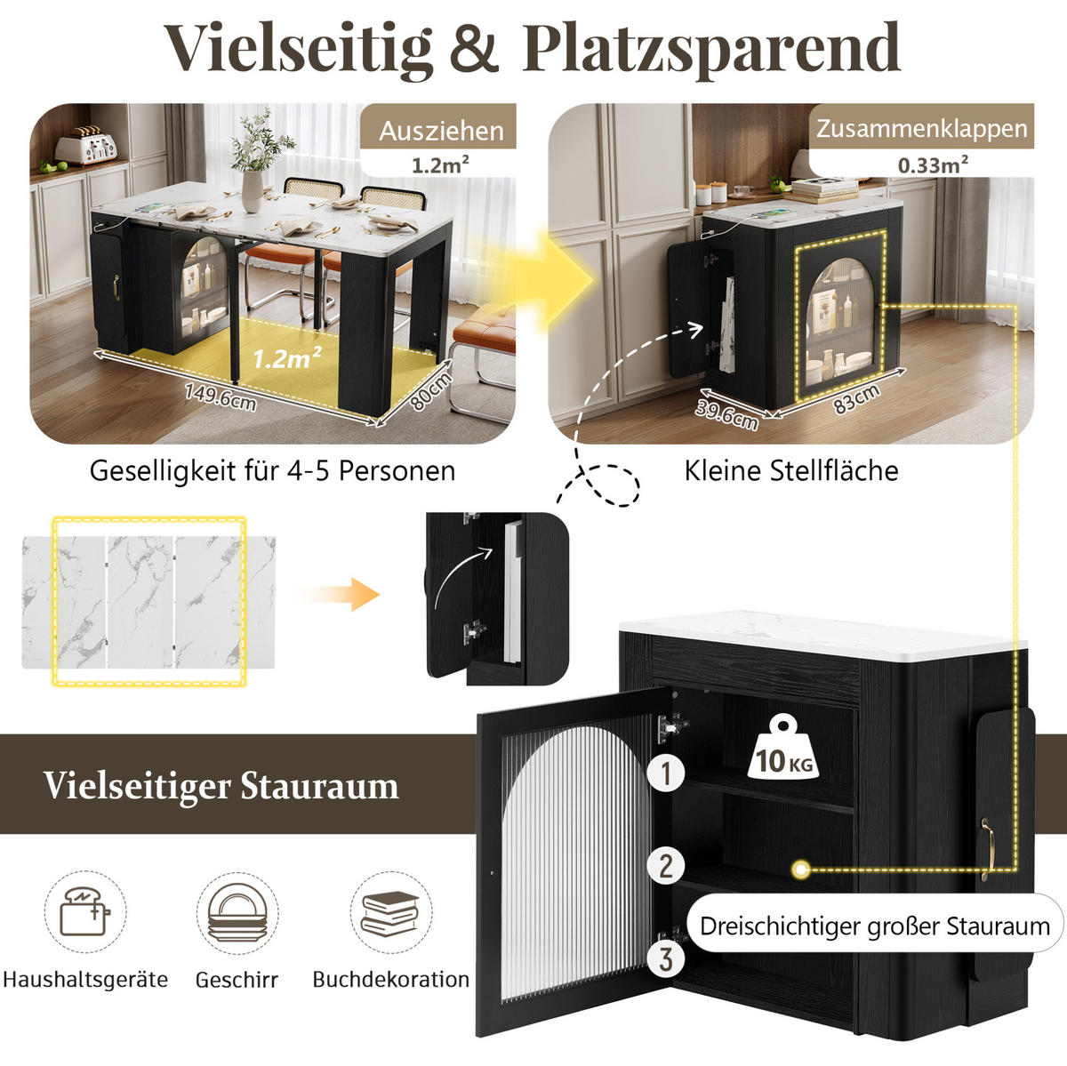 KÜCHENINSEL aus MDF und Glas 83x40x77 cm Weiß/Schwarz ausziehbar mit Rollen, LED und USB/Type-C - Schwarz, Holzwerkstoff (83/77/39.6cm) - Modfu