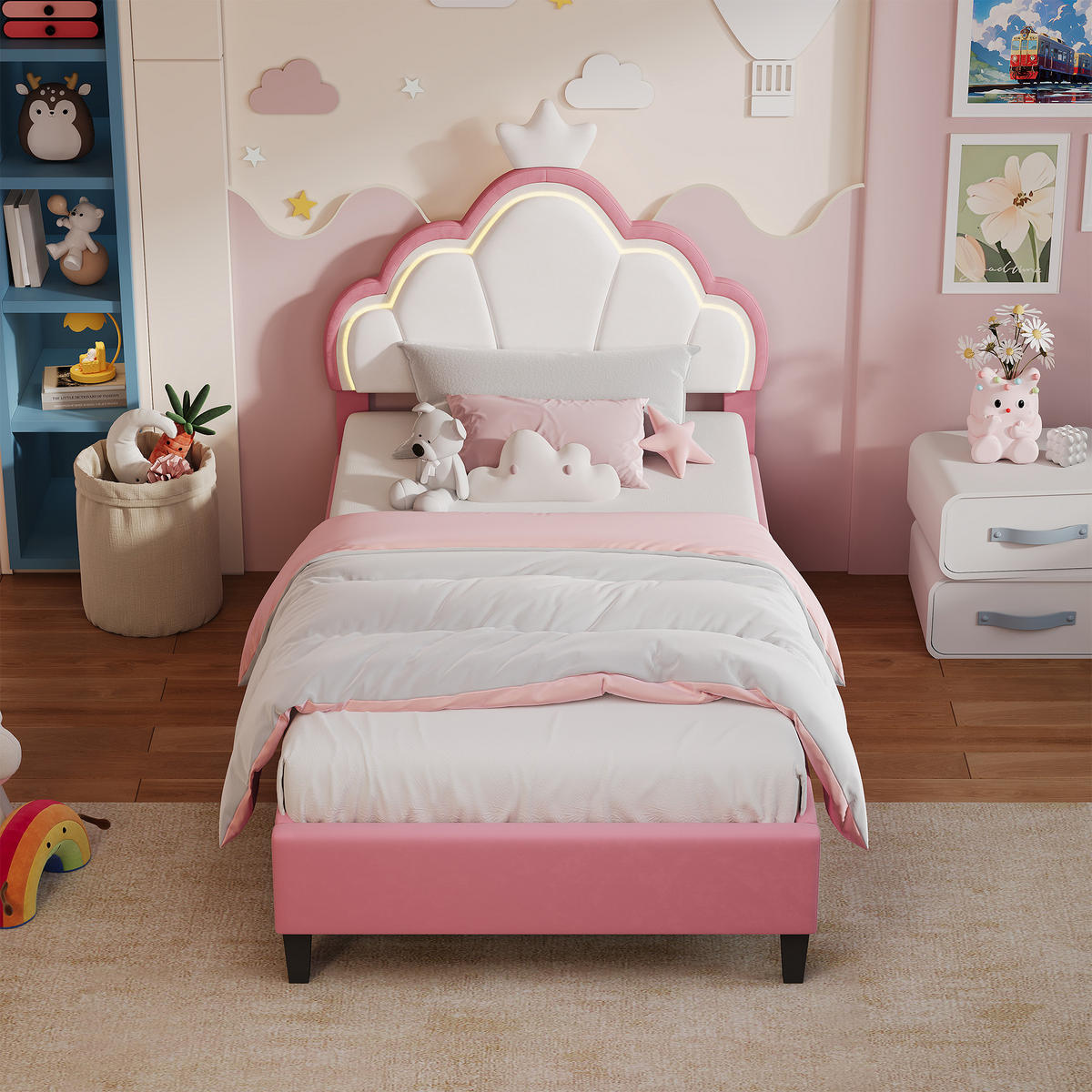 POLSTERBETT 90x190 cm mit höhenverstellbarem Kopfteil & RGB-LED – Kinderbett Bettgestell für Mädchen, Samt, Rosa - Pink, Holz/Metall (90/190cm) - BursDany