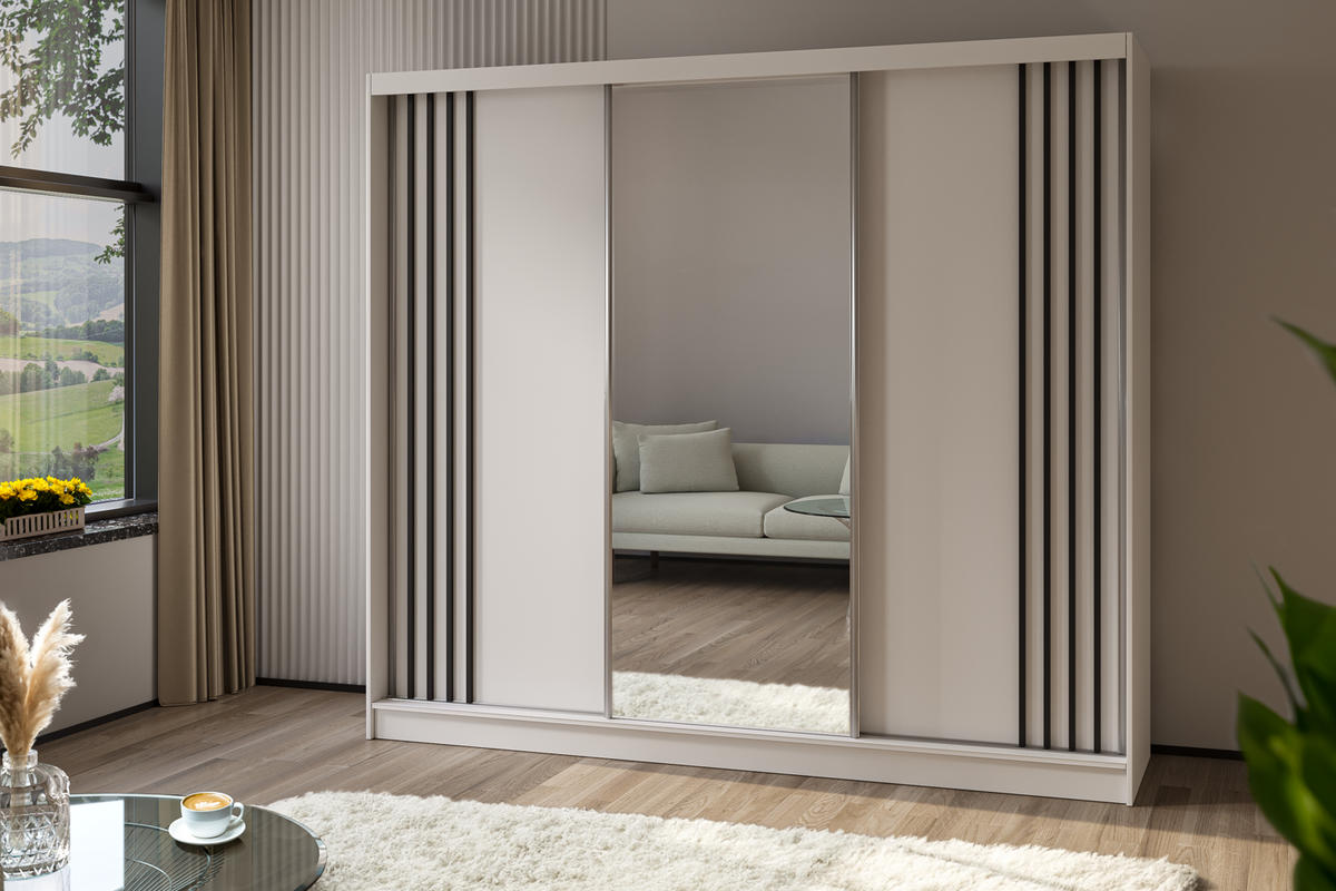 SCHWEBETÜRENSCHRANK Neli 240 cm mit Lamellen und Spiegel 3-türig, weiß, weiß, Lamelle schwarz - Schwarz/Weiß, Kunststoff (240/216/61cm) - Margaret Hadas24