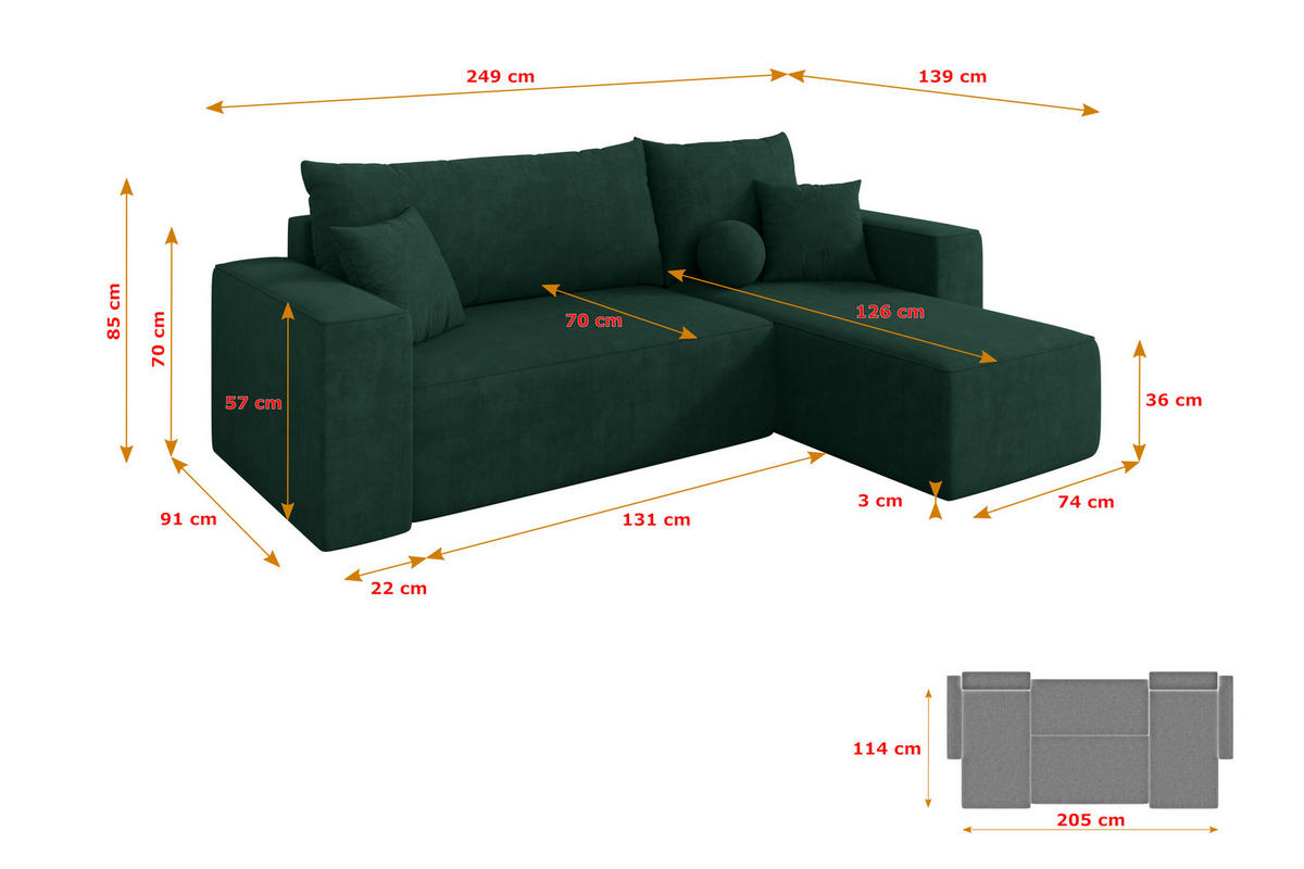 ROHOVÁ SEDAČKA s funkcí spaní, otoman vpravo SENO-L 249x139x85 zelená velur - černá/zelená barva, kompozitní dřevo/textil (249/139cm) - ALTDECOR