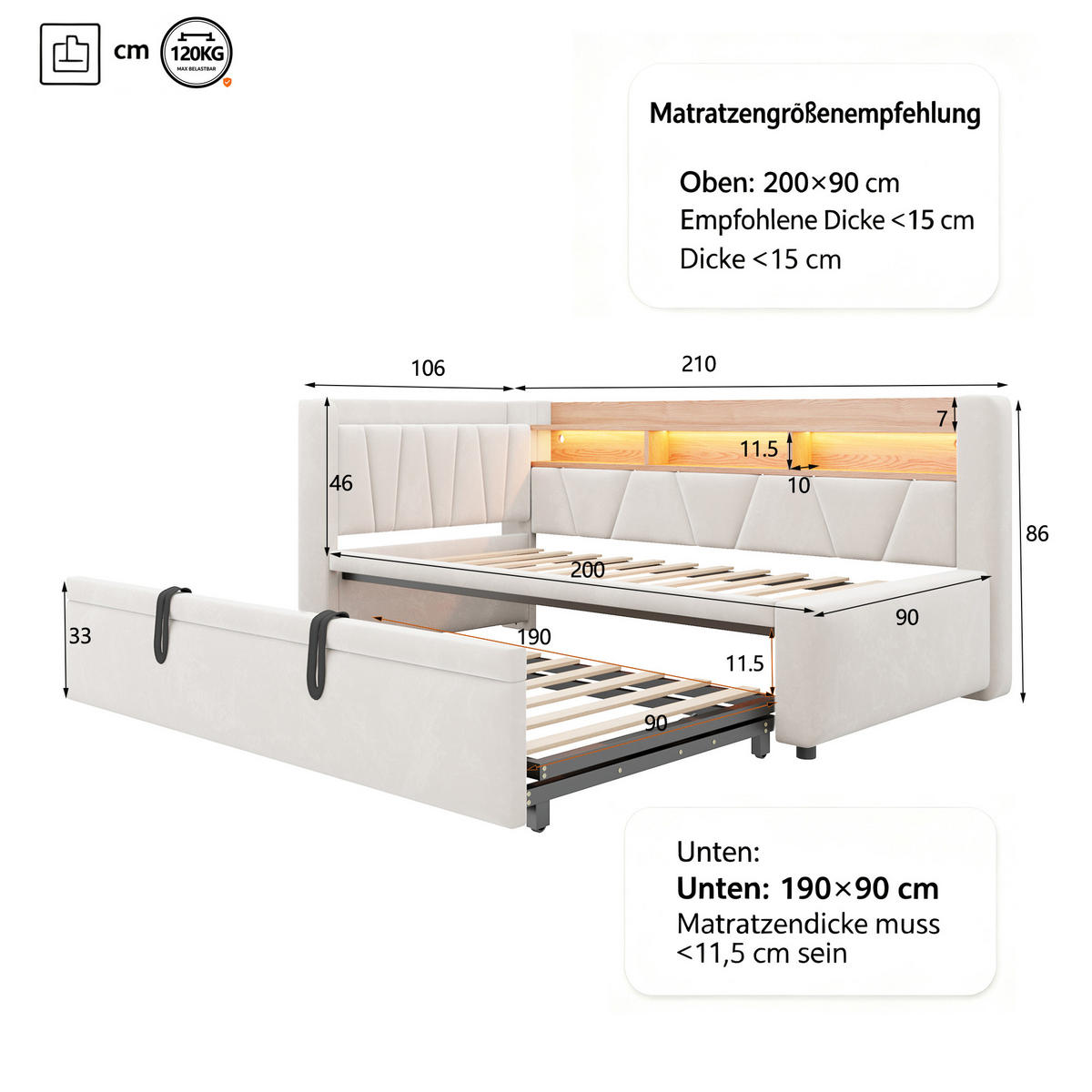 TAGESBETT 90x200/90x190 mit LED, USB/Stauraum, 3-in-1 Funktion, Samt, Beige - Beige, Holz (90/200cm) - LVHOM
