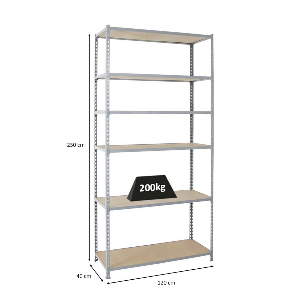 SCHWERLASTREGAL Giant Muli HxBxT 250 x 120 x 40 cm 6 Fachböden Fachlast 200 kg Grau - Grau, Metall (120/250/40cm) - PROREGAL