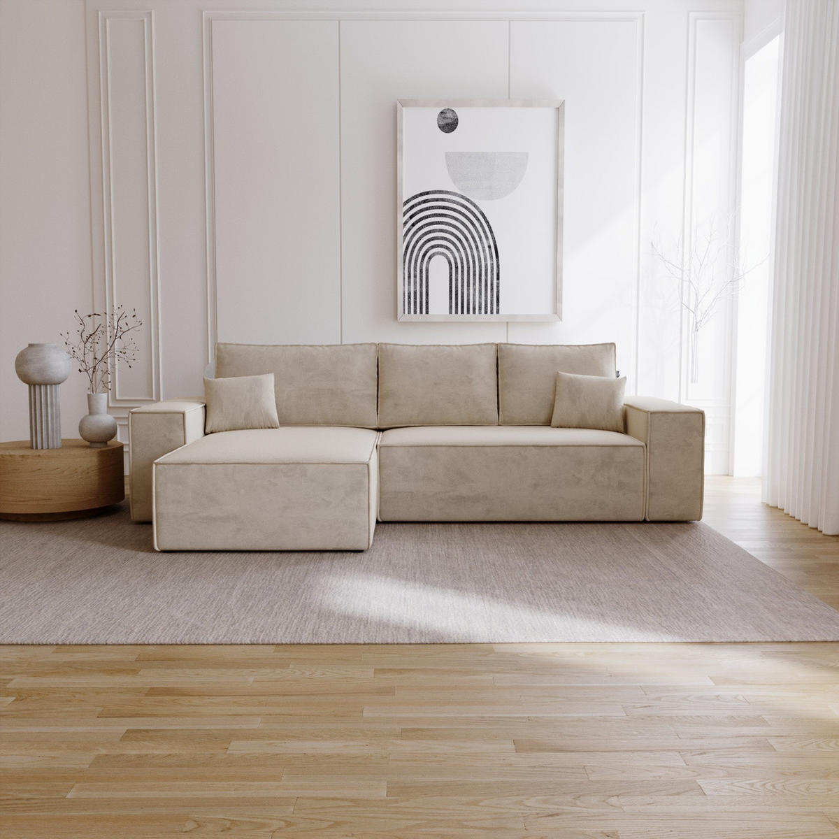 ECKSOFA mit Schlaffunktion Bergamo L 280 cm, Samt, Links - Beige - Beige, Holz (277/189cm) - Emporius